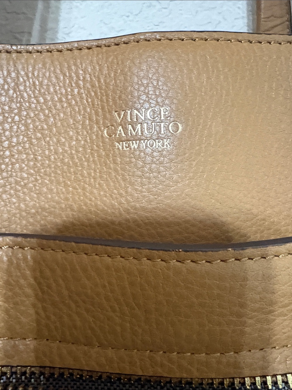 Vince Camuto Cognac Pebbled Leather Large Tote Bag Front Zip - Picture 2 of 10